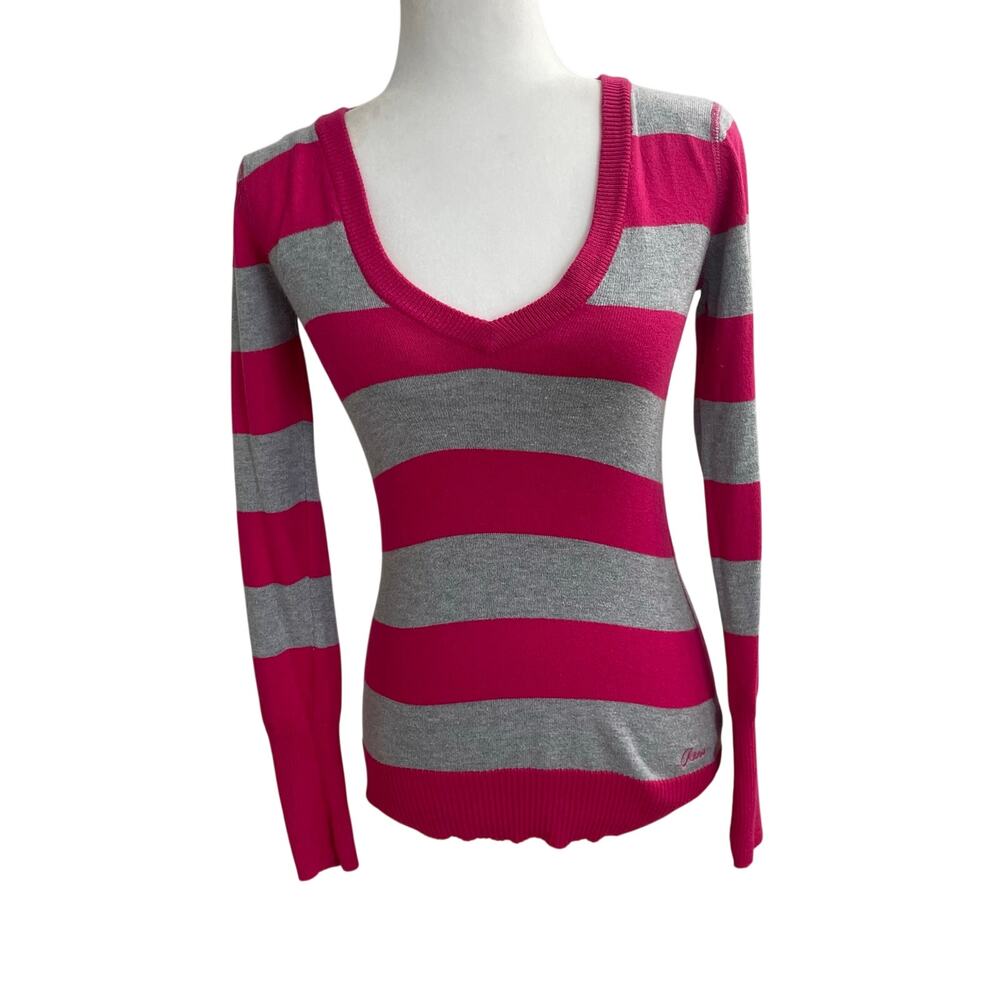 Aeropostale Y2K Pink Gray Striped V-Neck Sweater Coquette-Preppy Sz S